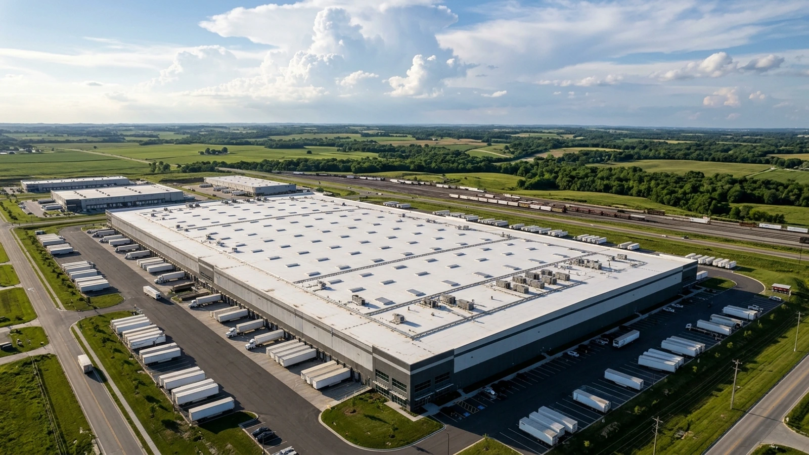 Distribution-building roof seen from above, skylights and array mounts (Lenexa area)