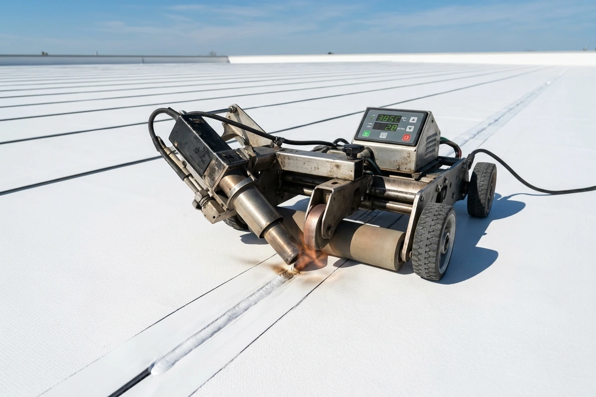 Heat-welded TPO seam in progress on a flat roof, Kansas City, KS