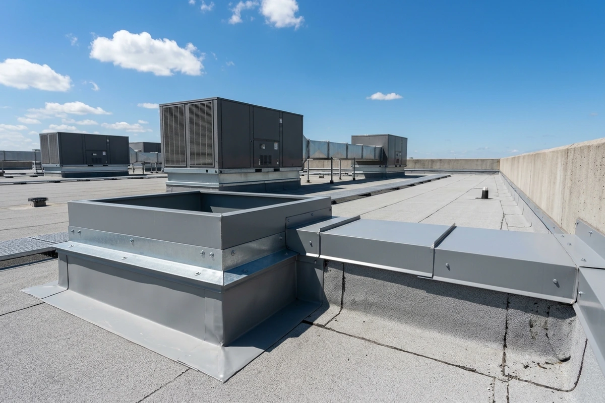 Multi-tier commercial HVAC curb flashings and parapet wall detail on a Kansas City roof